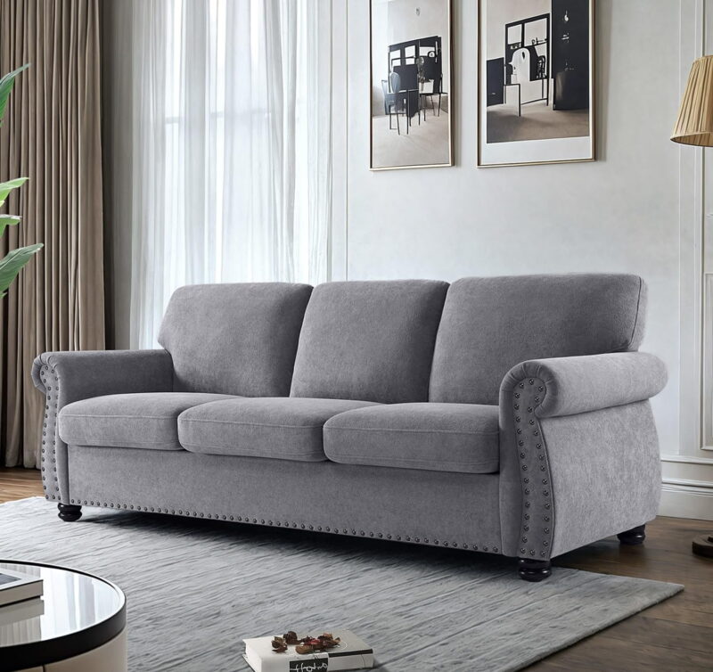US Pride Furniture 91 in. Wide Rolled Arm Velvet Modern Rectangle Sofa in Grey For Home - Image 3