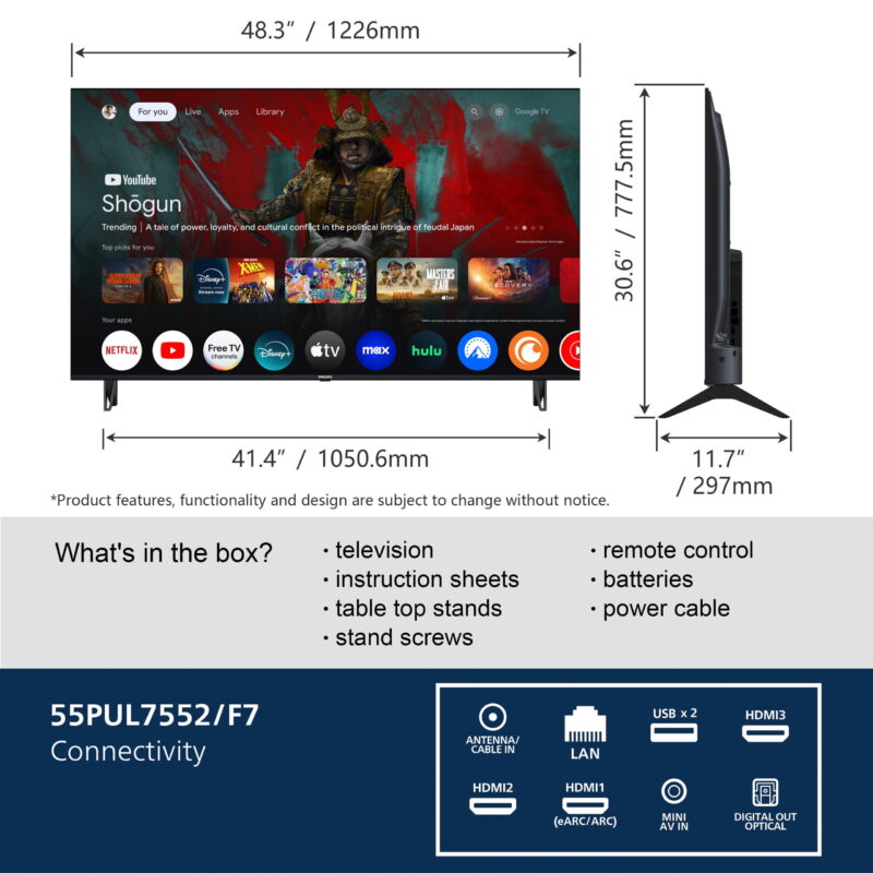 Philips 55" Class 4K Ultra HD (2160p) Google Smart LED TV (55PUL7552/F7) (New) - Image 5