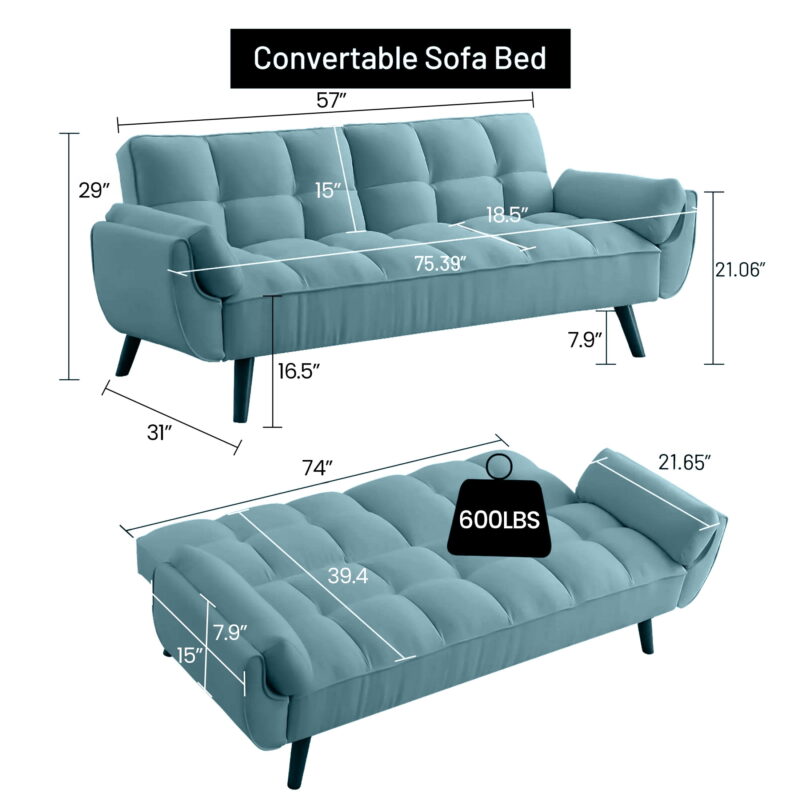 Aukfa 75" Deep Tufted Futon Convertible Sofa Bed, Velvet Sleeper Couch for Home Office, Blue - Image 2