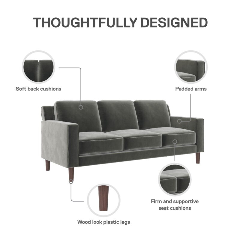 DHP Bryanna 3 Seater Sofa, Gray Velvet - Image 7