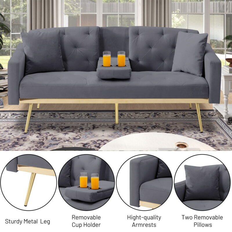 Aukfa Velvet Futon Convertible Sofa Bed for Home Office, 2 Pillows& Cup Holders, Tufted Futon, Gray - Image 3