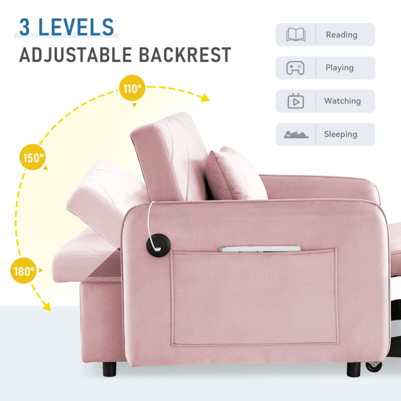 Dinosisco 3-in-1 Convertible Sleeper Chair Bed, Indoor Lounge Chair with USB/Type-C, Pink Velvet - Image 3