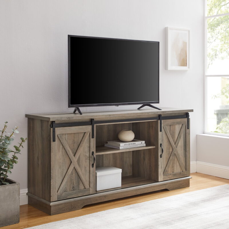 Walker Edison Sliding Farmhouse Barn Door TV Stand for TVs up to 65", Grey Wash - Image 3