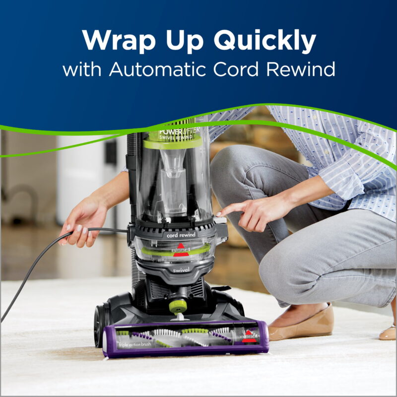 BISSELL Upright Vacuum, Power Lifter Pet Rewind, Pet Friendly, Bagless, Cord Rewind, Swivel Steering, Pet Hair Eraser Tool, Pet Crevice Tool, and Pet Turbo Eraser Tool, 2259, Purple & Green - Image 3