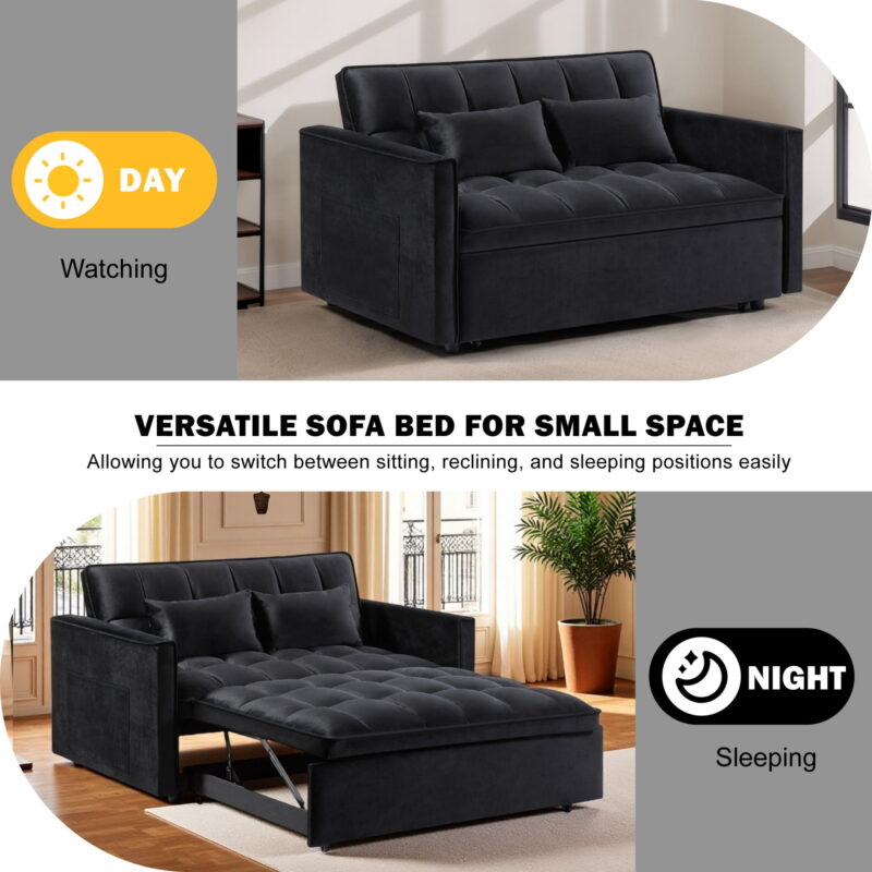 Gewnee 54" Modern Convertible Velvet Futon Sofa Bed with Pull-Out Bed,Sleeper Loveseat Sofa Couch with Adjsutable Backrest For Living Room,Office (Black) - Image 2