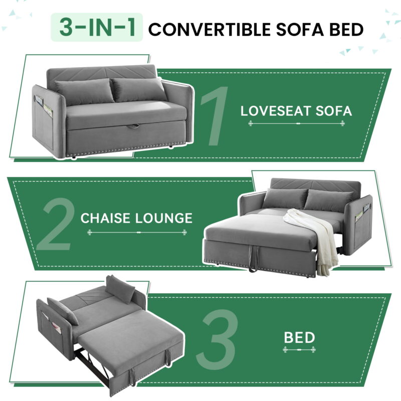Dinosisco Convertible Sleeper Loveseat with USB, 55" Velvet Futon Sofa Bed, Gray - Image 2