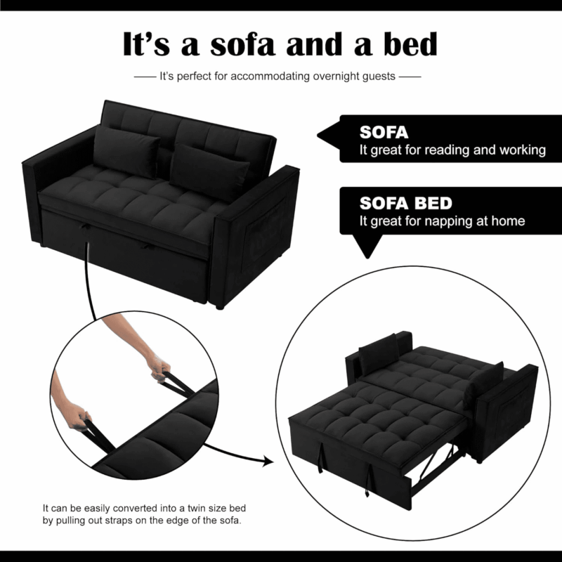 Gewnee 54" Modern Convertible Velvet Futon Sofa Bed with Pull-Out Bed,Sleeper Loveseat Sofa Couch with Adjsutable Backrest For Living Room,Office (Black) - Image 5