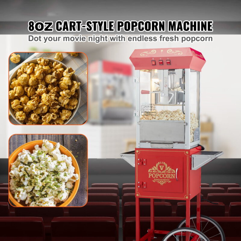 BENTISM Popcorn Popper Machine With Cart 8 Ounce Vintage Style Popcorn Maker with Cart 850W 48 Cups, Red - Image 2