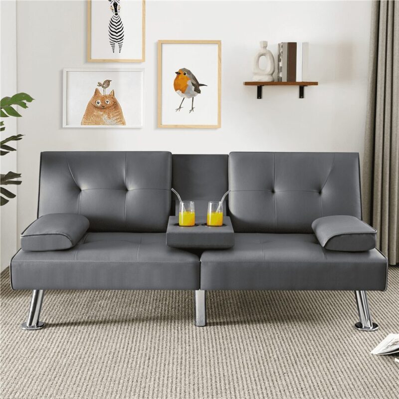 Renwick Modern Faux Leather Convertible Futon Sofa Bed with 2 Throw Pillows & Cup Holders, Gray - Image 4