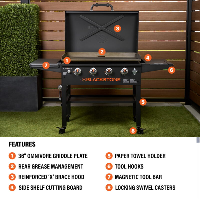 Blackstone Original 4-Burner 36" Propane Omnivore Outdoor Griddle with Hood and Folding Side Shelves - Image 6