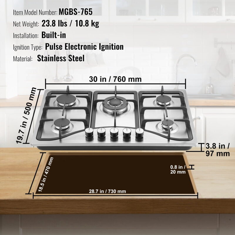 KFFKFF Gas Cooktop Stove Top 30 inch Max 12250BTU 5 Burners Built-in LPG/NG Convertible - Image 7