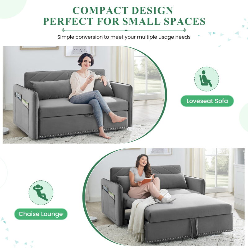 Dinosisco Convertible Sleeper Loveseat with USB, 55" Velvet Futon Sofa Bed, Gray - Image 5