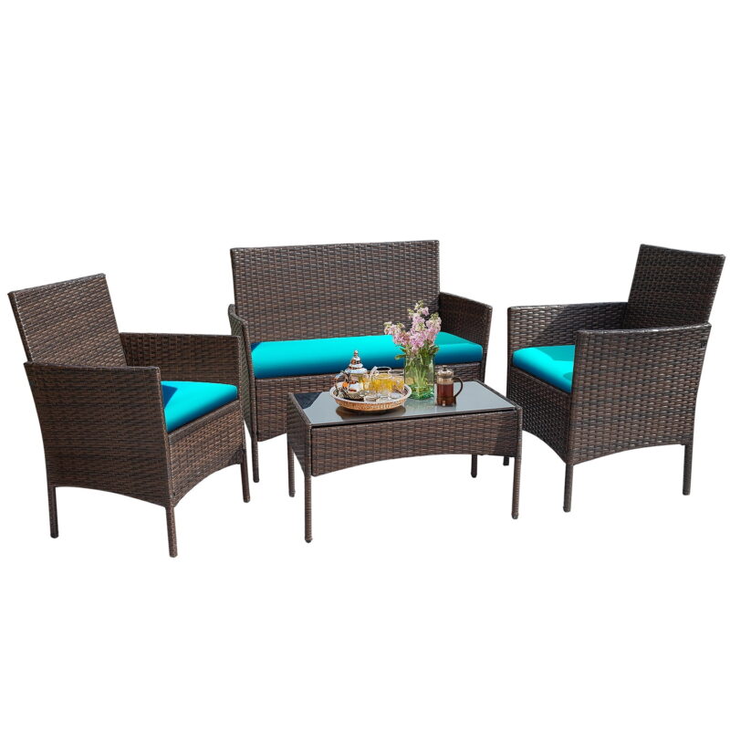 Lacoo 4 Piece Outdoor Patio Furniture PE Rattan Wicker Table and Chairs Set with Cushions, Blue - Image 3