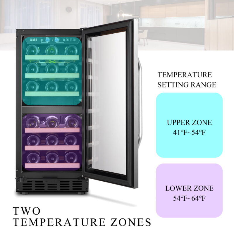 Lanbo 26 Bottle Under Counter Dual Zone Wine Cooler Refrigerator 15 inch Width - Image 3