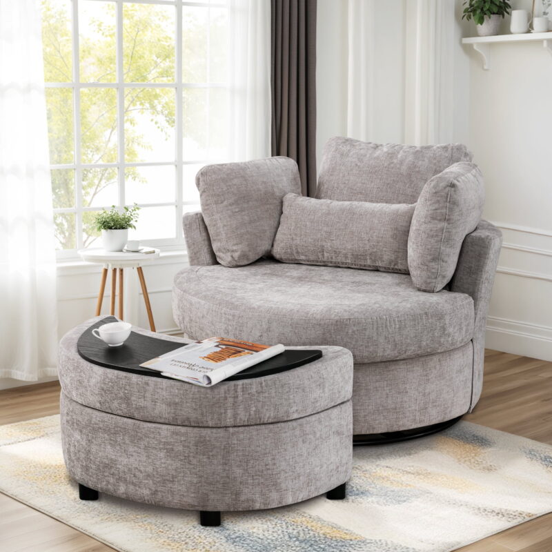 Dinosisco Oversized Swivel Accent Barrel Chair with Storage Ottoman, Chenille, Indoor, Gray - Image 3