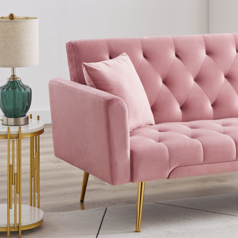 71 Inches Velvet Futon Sofa Bed with 2 Pillows,Modern Convertible Futon Couch with Adjustable Backrest,Pink - Image 6