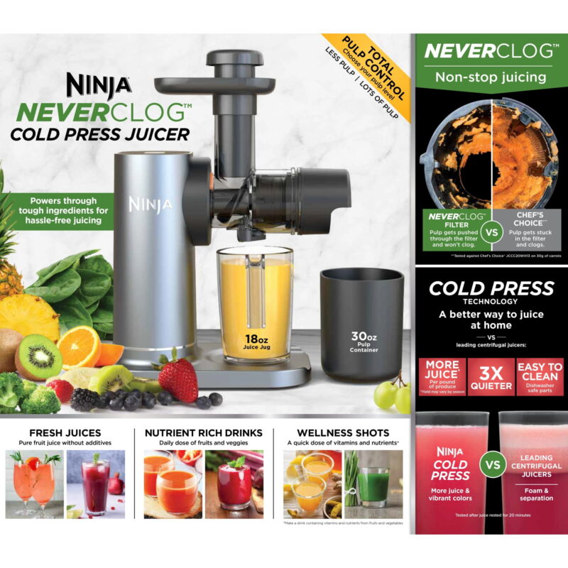 Ninja NeverClog 150 Watts Cold Press Juicer with 18oz Jug, 30oz Pulp Container, 2-Speed, Compact - Image 5
