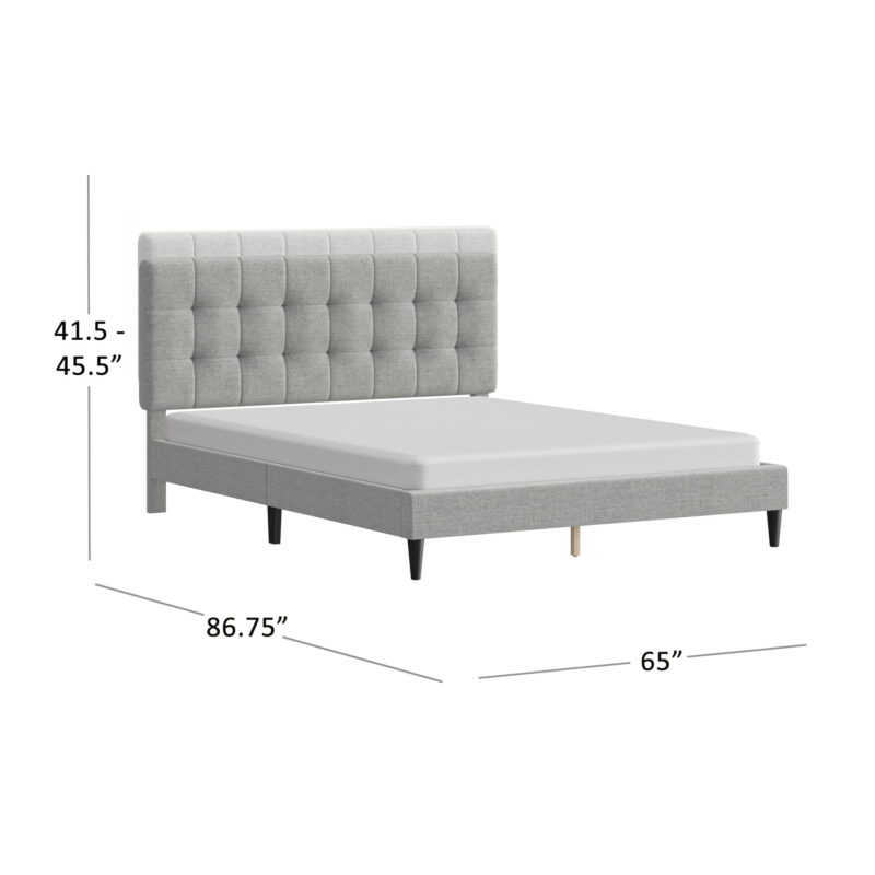 Mainstays Hillside Square Tufted Upholstered Queen Platform Bed, Light Gray Fabric - Image 6