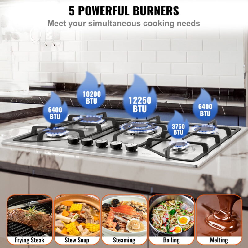 BENTISM Gas Cooktop Stove Top 30 inch Max 12250BTU 5 Burners Built-in LPG/NG Convertible - Image 2