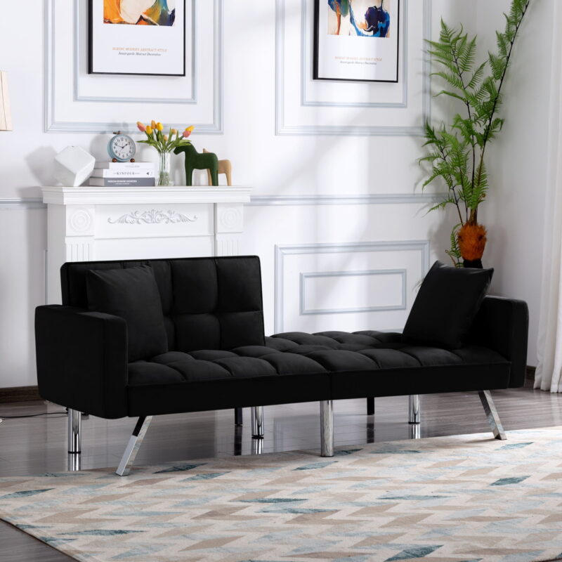 BSHTI Modern Velvet Futon Sofa Bed,Upholstered Tufted Convertible Sofa Sleeper with 2 Pillow(Black) - Image 4