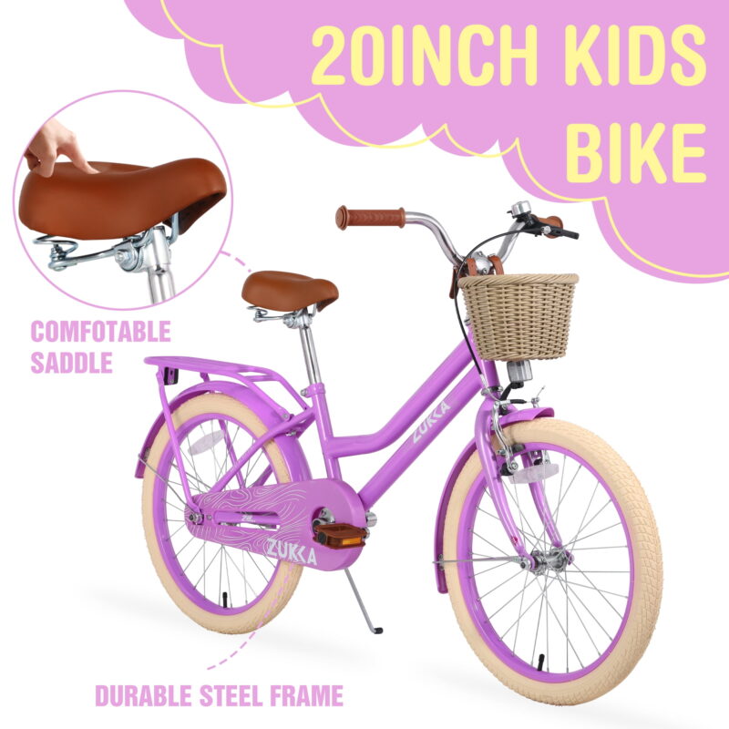 Aukfa 20 inch Girl's Bikes with Basket, Children's Bicycle for 7-10 Years Old Kids, Purple - Image 4