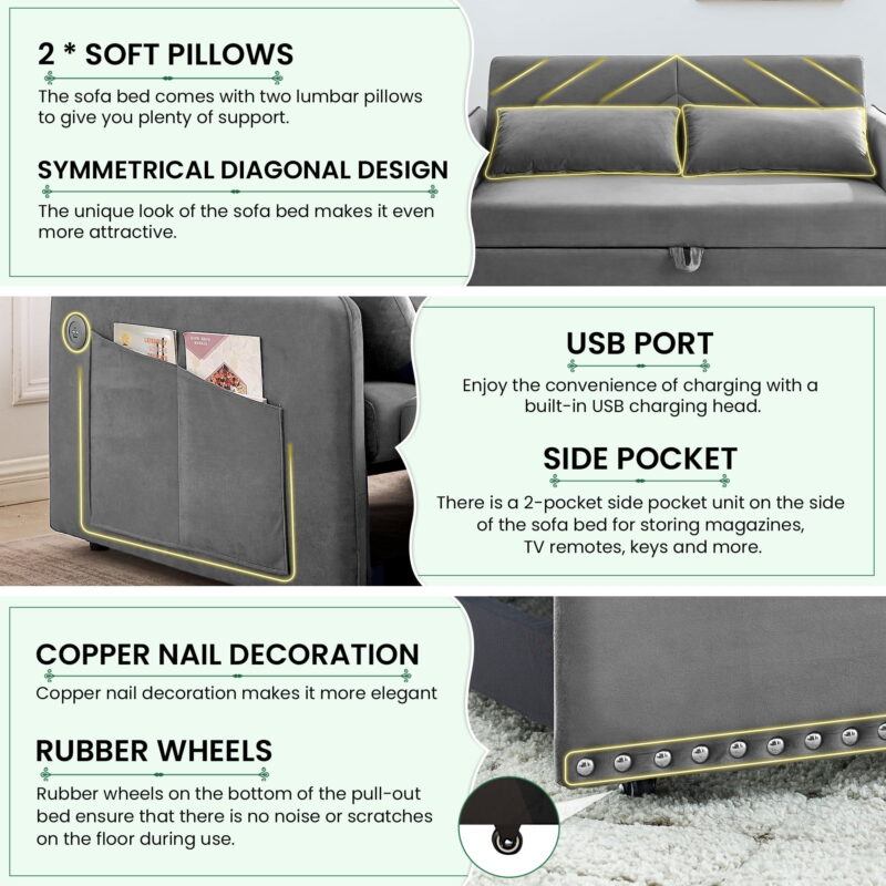 Dinosisco Convertible Sleeper Loveseat with USB, 55" Velvet Futon Sofa Bed, Gray - Image 6