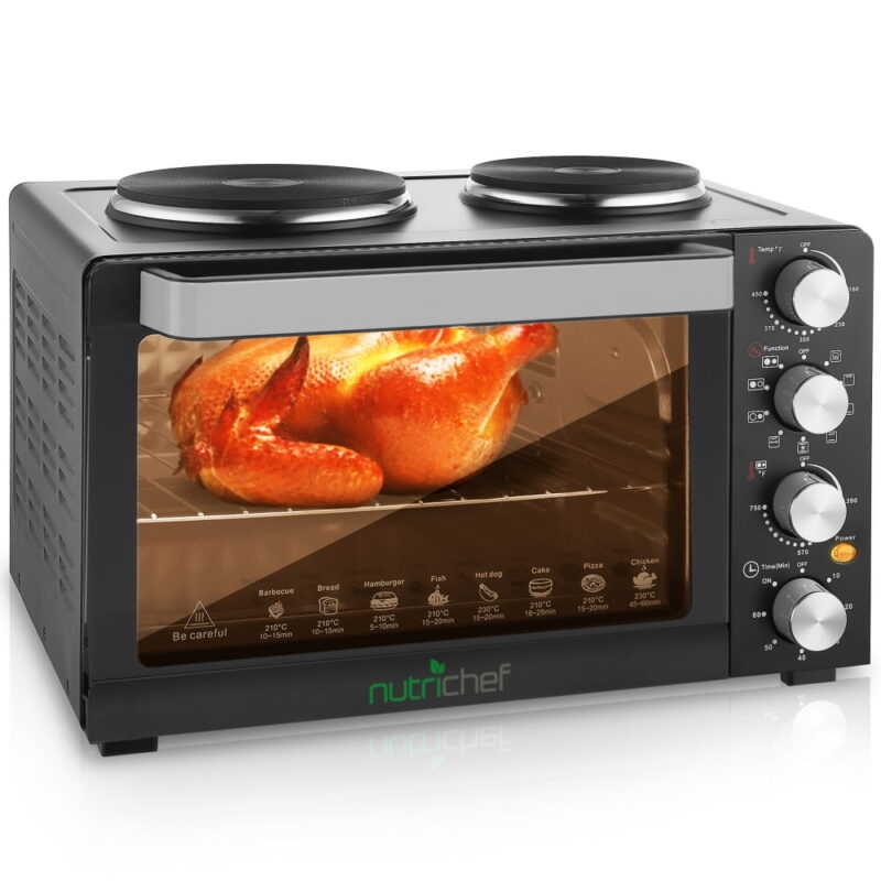 NutriChef 30 Quart Kitchen Convection Oven & 2 Burner Cooker - 1500 Watt Oven - 7 Cook Functions Rotisserie, Cook, Bake, Broil & More - Includes Baking Tray, Skewers & Handles - 19.6 x 16.0 x 13.5 IN - Image 2