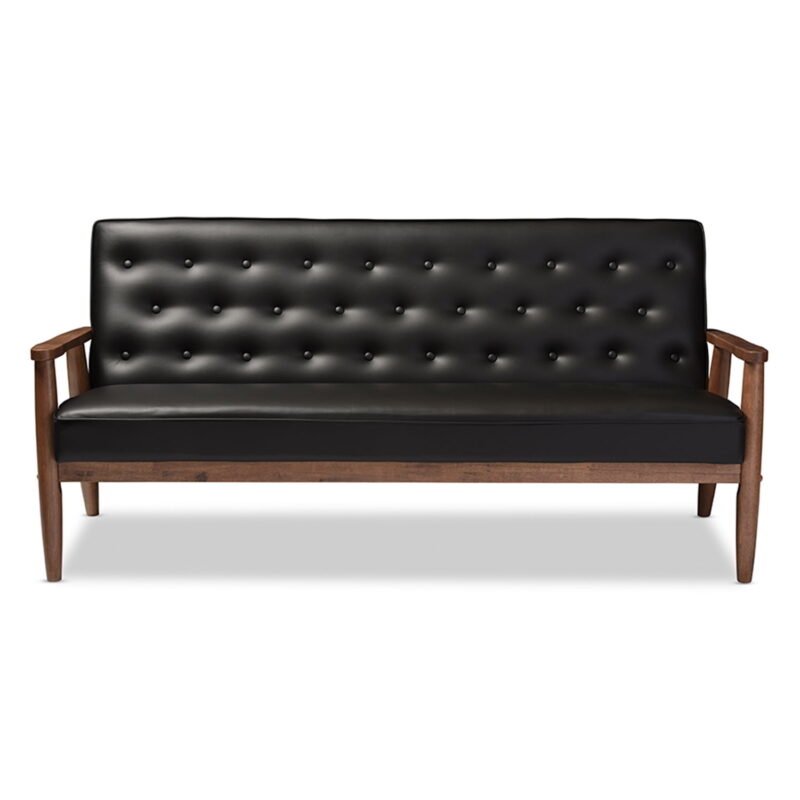 Baxton Studio Sorrento Mid-century Retro Modern Black Faux Leather Upholstered Wooden 3-seater Sofa - Image 3