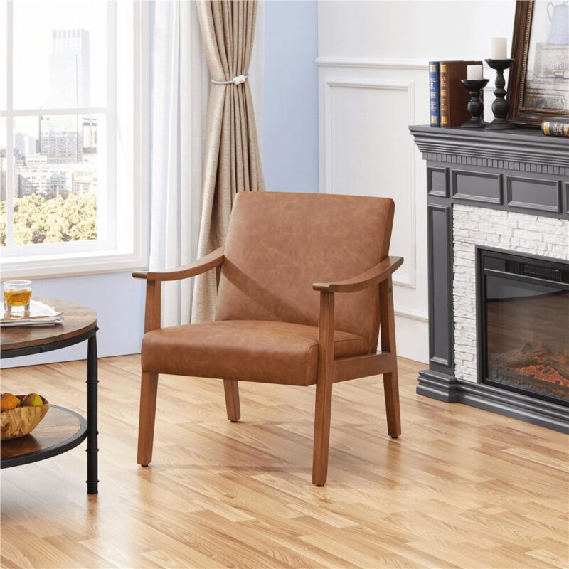 Renwick Mid-Century Modern Faux Leather Accent Chair, Set of 2, Light Brown - Image 3