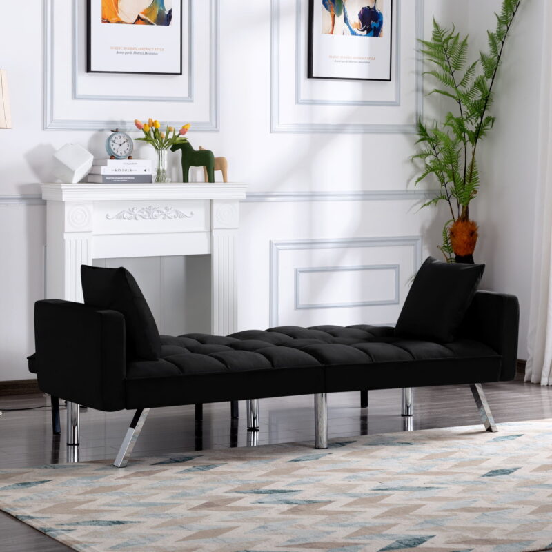 BSHTI Modern Velvet Futon Sofa Bed,Upholstered Tufted Convertible Sofa Sleeper with 2 Pillow(Black) - Image 5