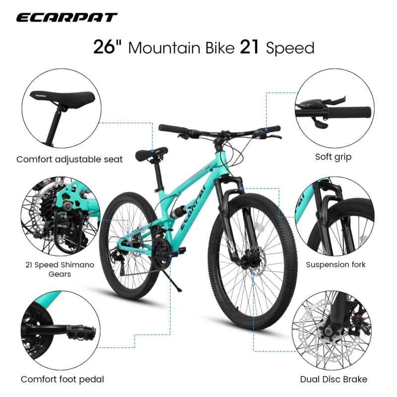 Aukfa 26 Inch Mountain Bike, 21-Speed Steel Frame Bicycle with Disc Brakes for Men Women, Blue - Image 2