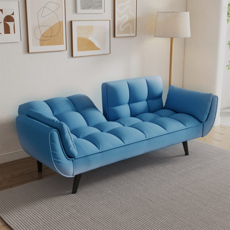 Aukfa 75" Deep Tufted Futon Convertible Sofa Bed, Velvet Sleeper Couch for Home Office, Blue - Image 3