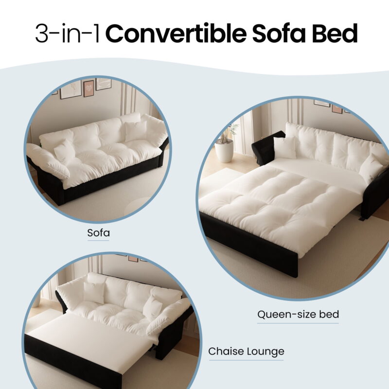 Aukfa 74.8" Queen Pull Out Sofa Bed, Convertible Loveseat Sleeper Sofa Couch with 2 Pillows, Tufted, Beige - Image 2