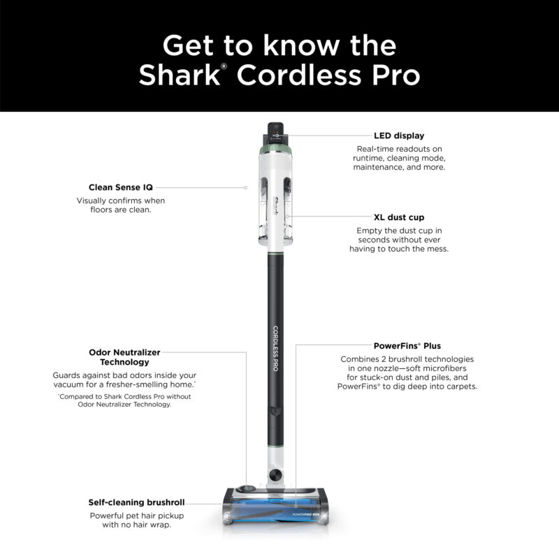 Shark Cordless Pro Stick Vacuum Cleaner, Clean Sense IQ Technology, Odor Neutralizer, PowerFins+ Brushroll - Image 4