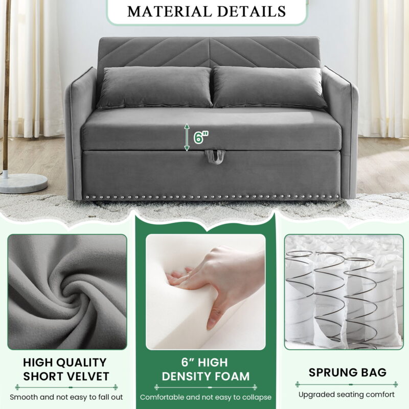 Dinosisco Convertible Sleeper Loveseat with USB, 55" Velvet Futon Sofa Bed, Gray - Image 7