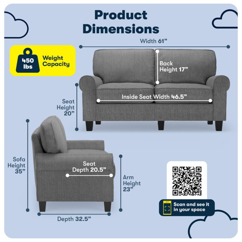 Serta Copenhagen 61" Rolled Arm Loveseat Sofa with Removable Covers Dark Gray - Image 7