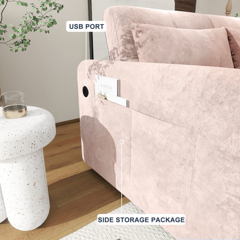 DEALTOPS 55'' Velvet Sleeper Sofa Bed,Pull-Out Loveseat with USB Ports, Pink, Full Size - Image 6