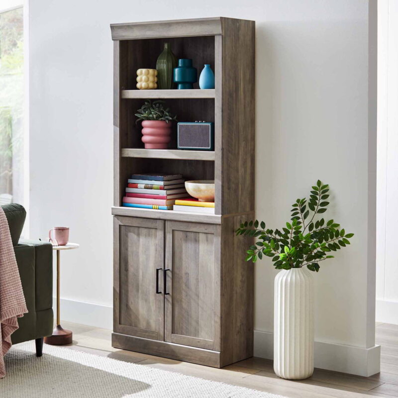 Better Homes & Gardens Glendale 5 Shelf Bookcase with Doors, Rustic Gray Finish - Image 5