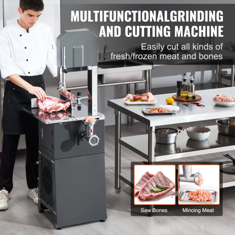 KFFKFF Electric Meat Cutting Band Saw and Grinder Electric Bone Saw, 550W Stainless Vertical Cutter, 19.1"x15" Table, Cuts 7.09" Thick - Image 2