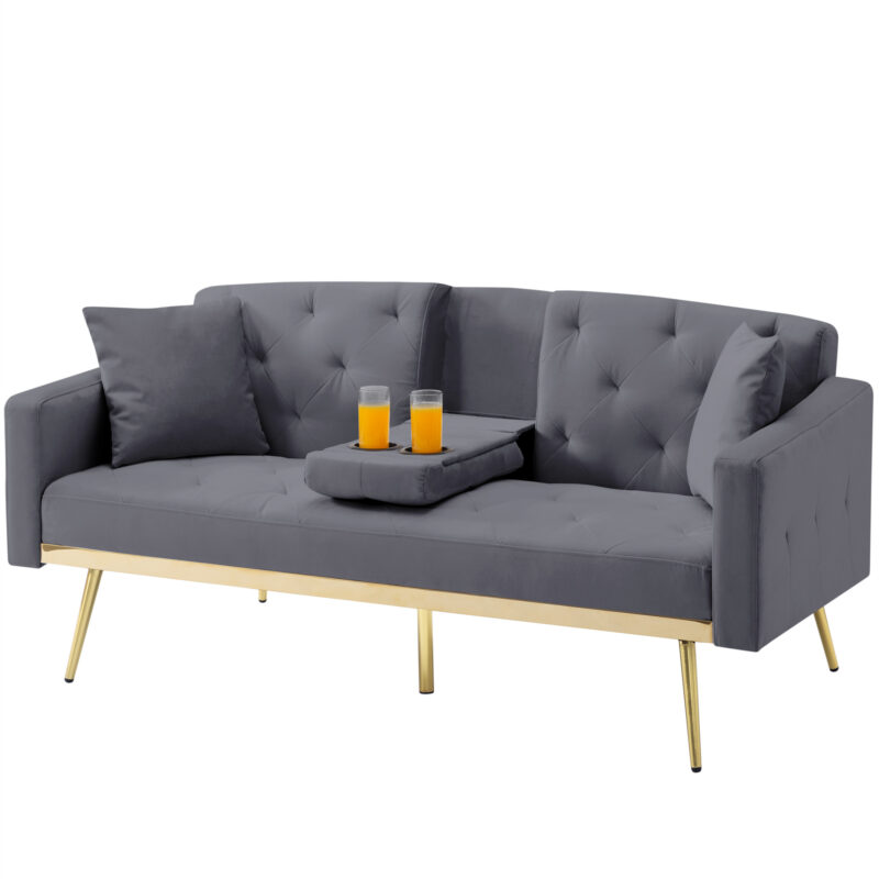 Aukfa Velvet Futon Convertible Sofa Bed for Home Office, 2 Pillows& Cup Holders, Tufted Futon, Gray - Image 2