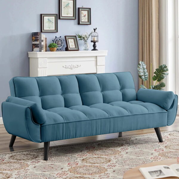 Aukfa 75" Deep Tufted Futon Convertible Sofa Bed, Velvet Sleeper Couch for Home Office, Blue