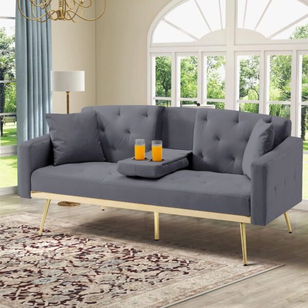 Aukfa Velvet Futon Convertible Sofa Bed for Home Office, 2 Pillows& Cup Holders, Tufted Futon, Gray