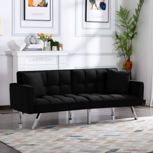 BSHTI Modern Velvet Futon Sofa Bed,Upholstered Tufted Convertible Sofa Sleeper with 2 Pillow(Black)