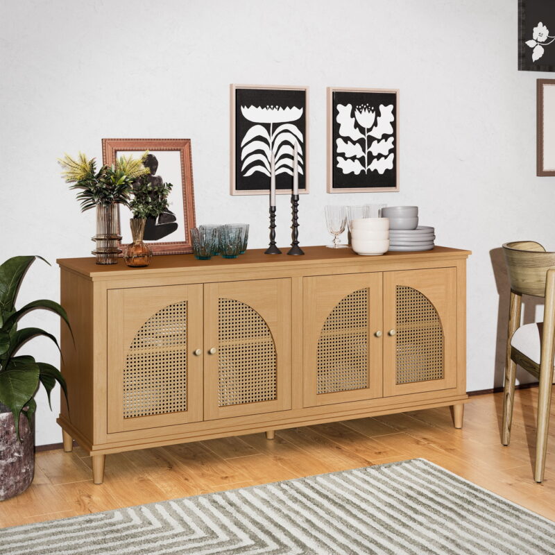 Beautiful Drew Rattan 4-Door Buffet Sideboard by Drew Barrymore, Warm Honey Finish