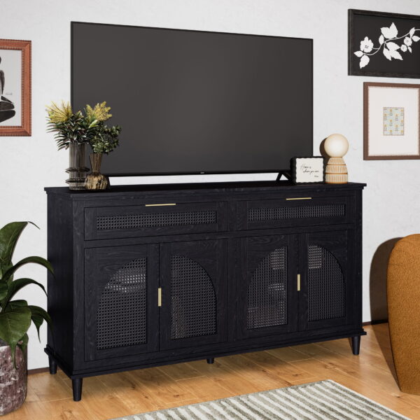 Beautiful Drew Rattan Media Console with Teched Away Drawer by Drew Barrymore, Black Finish