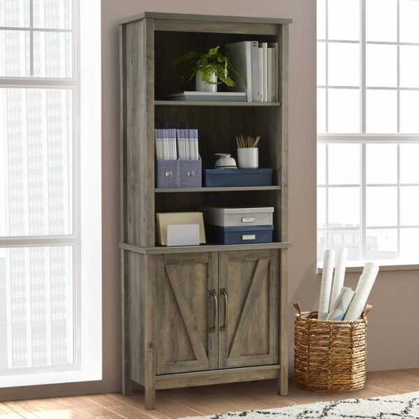 Better Homes & Gardens Modern Farmhouse Bookcase with Doors, Gray Finish