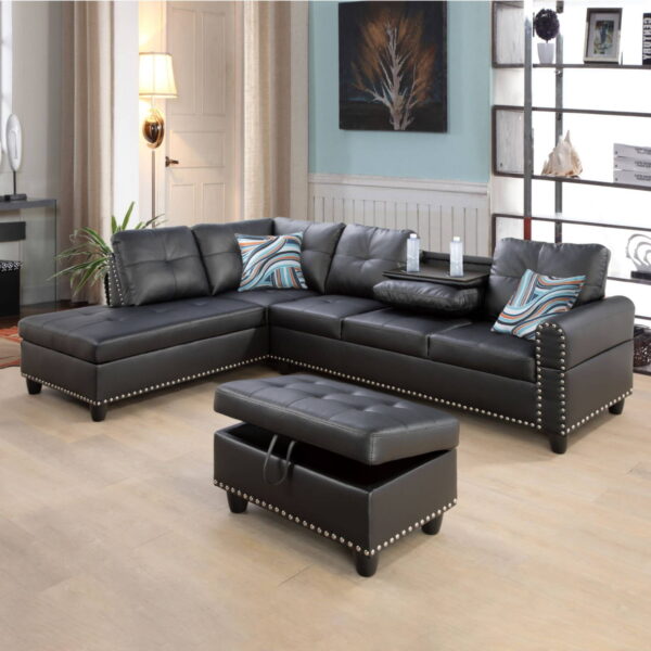 Devion Furniture Contemporary Faux Leather Nailhead Trim L Shaped Sectional Sofa Set Black