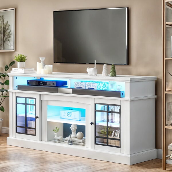 Dextrus Farmhouse LED TV Stand for TVs up to 70", Wood Media Console, Glass Door