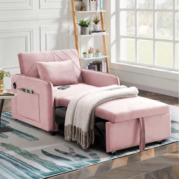 Dinosisco 3-in-1 Convertible Sleeper Chair Bed, Indoor Lounge Chair with USB/Type-C, Pink Velvet