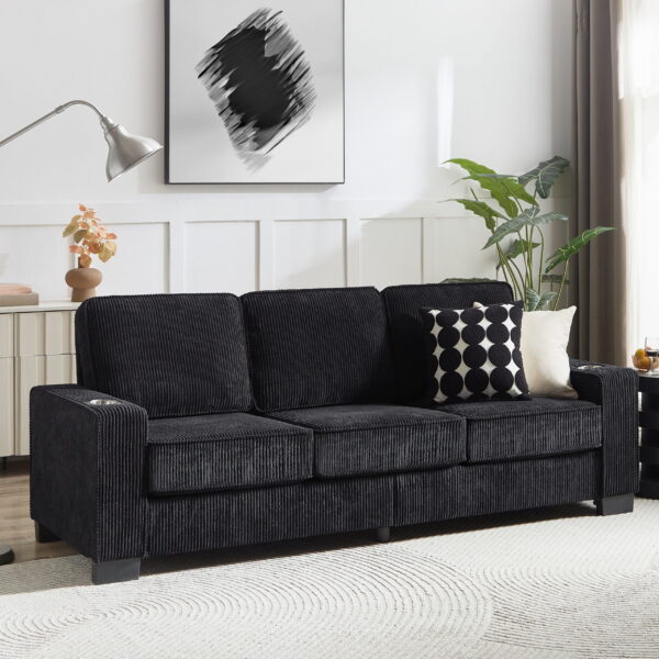 Dinosisco 83.9" Corduroy Sofa with Cup Holders, Modern 3-Seater Couch for Living Room, Black